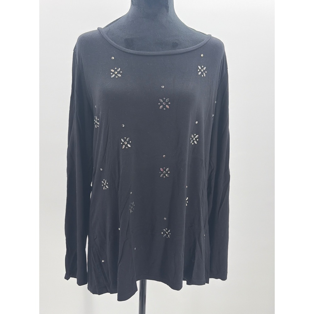 Westport 1962 Womens XL Black Rhinestone Studded Long Sleeve Scoop Neck‎ Top
